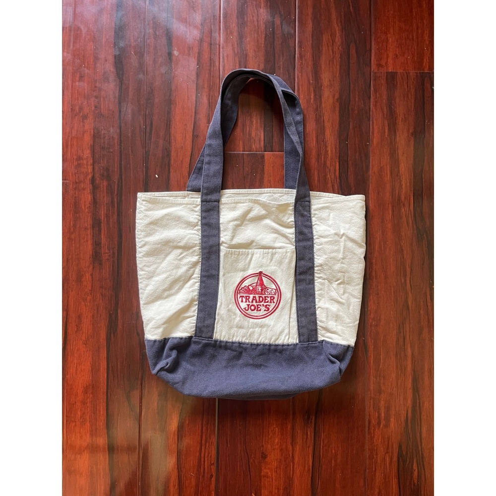 Vintage Trader Joe's Canvas Grocery Tote Bag Reusable White Navy Blue Red Logo